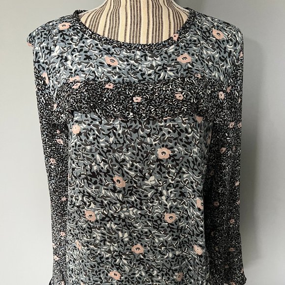 LOFT Blue Floral Mixed Media Long Sleeve Ruffle Blouse Top Shirt M Button back - Picture 1 of 10